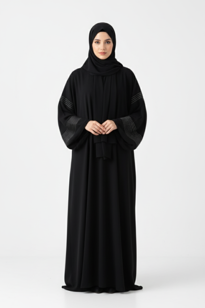عباية بثينة بأكمام مطرزة بخطوط جميلة (أسود) 4068