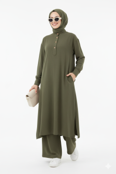 طقم نيللي تونيك طويل بأزرار وبنطلون واسع (هاكي) 4083