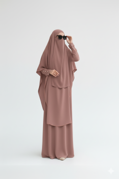 طقم دعاء حجاب شرعي طويل وفستان (وردي) 4059