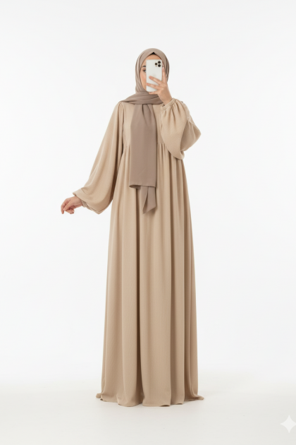 فستان واسع بأكمام مزمومة (بيج) 1512