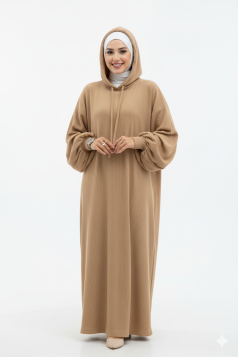 فستان محزز بكابيشون وأكمام مزمومة (عسلي) 104