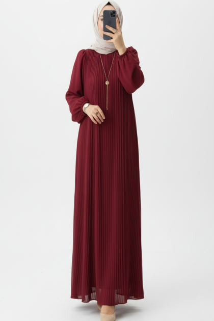 فستان روزا بأكمام مطوية (بوردو) 4077