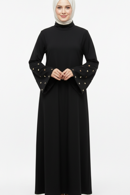 عباية قلوب بتطريز قلوب جميلة على الأكمام (اسود) 1600