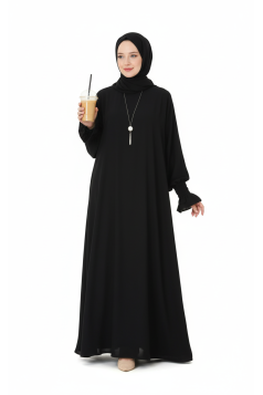 فستان فارينا بمطاط زم وكشكشة على الاكمام (اسود) 1603