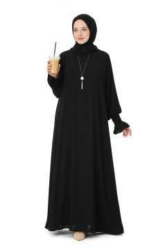 فستان فارينا بمطاط زم وكشكشة على الاكمام (اسود) 1603