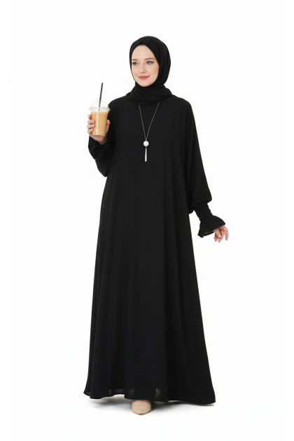 فستان فارينا بمطاط زم وكشكشة على الاكمام (اسود) 1603