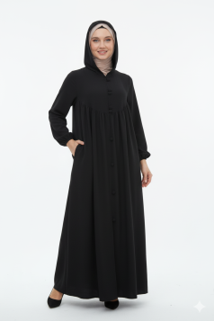 عباية بقبعة وأزرار وأكمام مزمومة (أسود) 1003