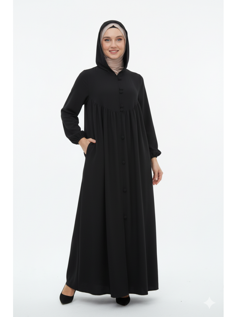 عباية بقبعة وأزرار وأكمام مزمومة (أسود) 1003