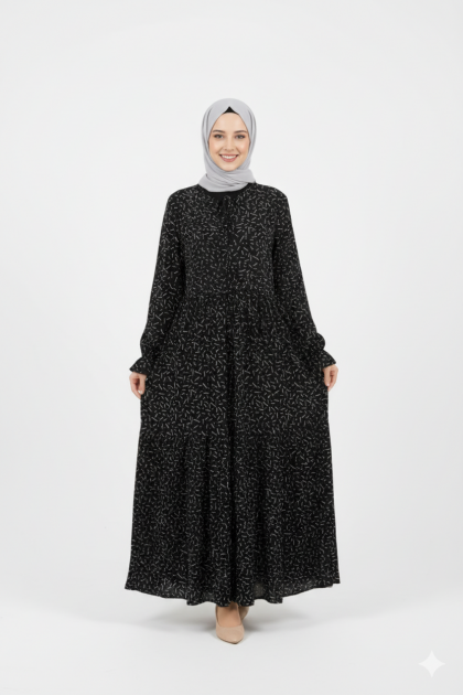 فستان منقرش بالاسود مع ربطه على الصدر 014