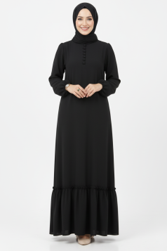 فستان ليلى للمحجبات بازرار وزم من الاسفل اسود 3024