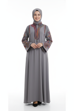 عباية اسيا المزينة بتطريز عل الصدر والأكمام لون (فضي)