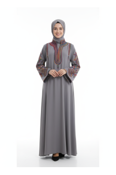 عباية اسيا المزينة بتطريز عل الصدر والأكمام لون (فضي)