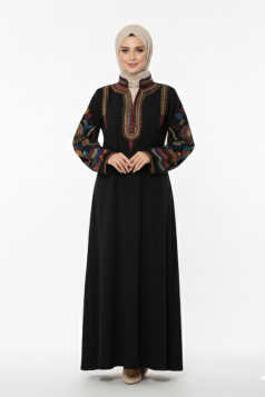 عباية اسيا المزينة بتطريز عل الصدر والأكمام لون (اسود)