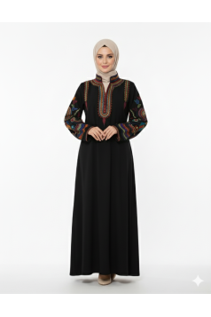 عباية اسيا المزينة بتطريز عل الصدر والأكمام لون (اسود)