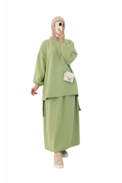طقم حنان تونيك بأكمام مزمومة وتنورة (أخضر) 6001