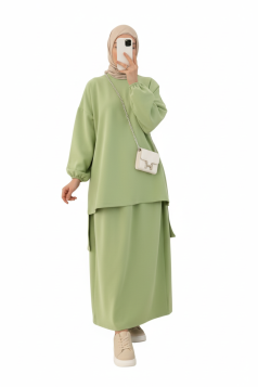 طقم حنان تونيك بأكمام مزمومة وتنورة (أخضر) 6001
