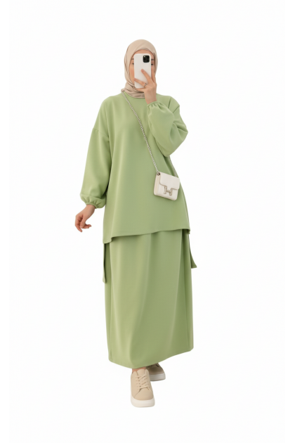 طقم حنان تونيك بأكمام مزمومة وتنورة (أخضر) 6001
