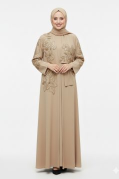 طقم عباية سيرين الرسمي المطرز  من 3 قطع (اللون بيج)
