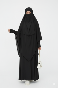 طقم حفصة قطعتين حجاب شرعي طويل وعباية (أسود) 1530