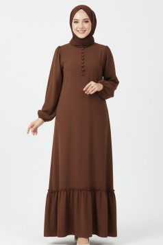 فستان ليلى للمحجبات بازرار وزم من الاسفل بني غامق 3024