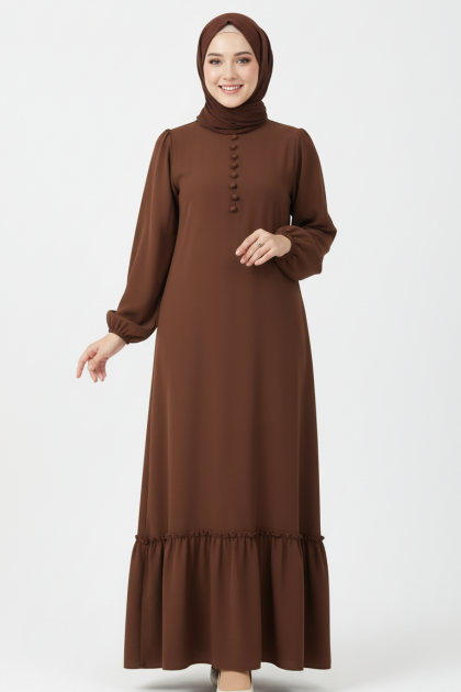 فستان ليلى للمحجبات بازرار وزم من الاسفل بني غامق 3024