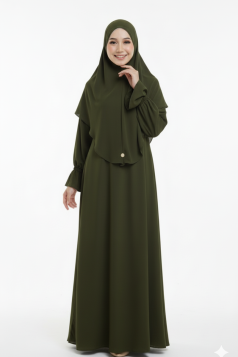 طقم سارة حجاب شرعي طويل وفستان (زيتي) 4060 طقم سارة حجاب شرعي طويل وفستان (زيتي) 4060