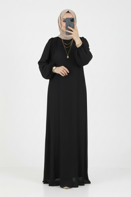 فستان روزا بأكمام مطوية (أسود) 4077