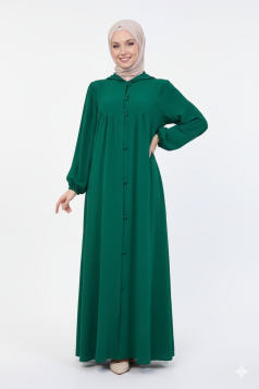 عباية بقبعة وأزرار وأكمام مزمومة (زمرد) 1003