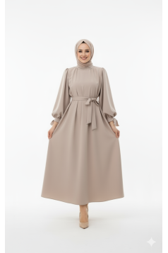 فستان روفان بخصر مربوط (بيج) 4113