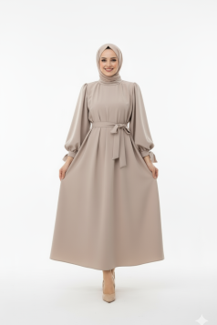 فستان روفان بخصر مربوط (بيج) 4113