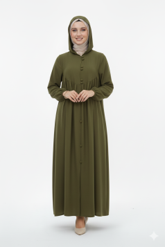 عباية بقبعة وأزرار وأكمام مزمومة (زيتي) 1003