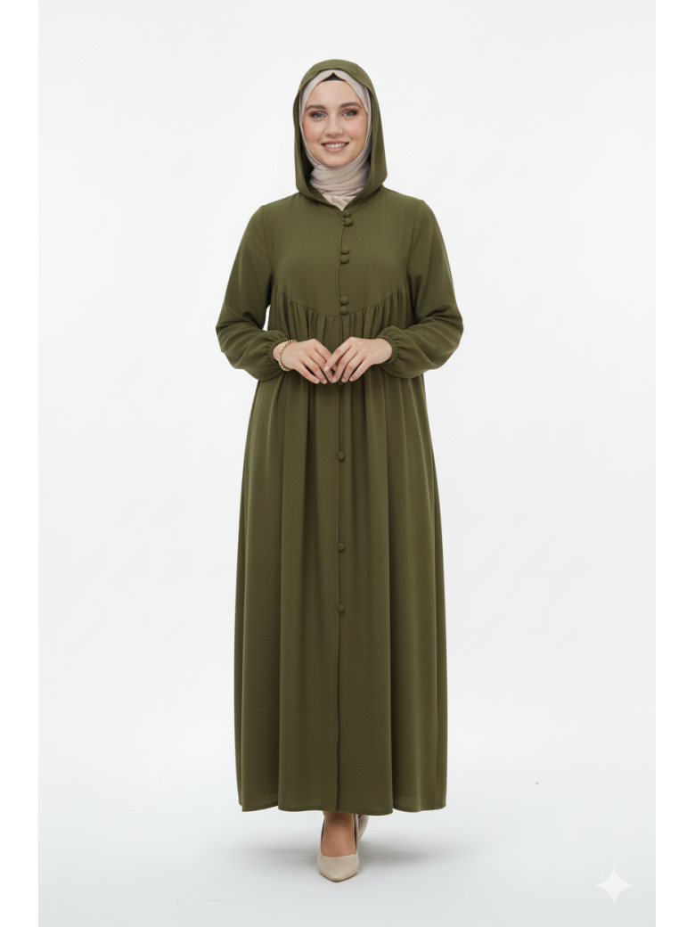 عباية بقبعة وأزرار وأكمام مزمومة (زيتي) 1003