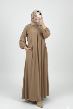 فستان يارا بأكمام مزمومة وجيوب جانبية (بيج) 4081