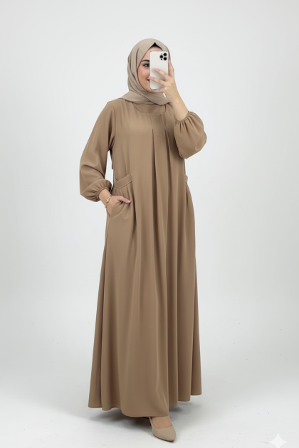 فستان يارا بأكمام مزمومة وجيوب جانبية (بيج) 4081