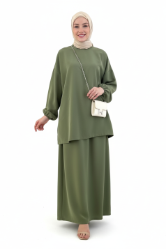 طقم حنان تونيك بأكمام مزمومة وتنورة (زيتي) 6001