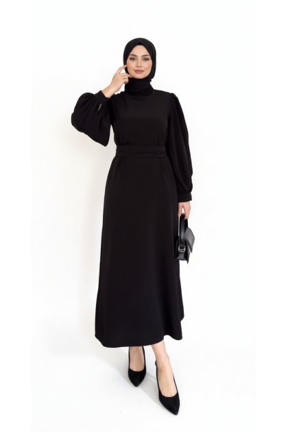 فستان عليا بتصميم أنيق وحزام خصر (اسود) 4093