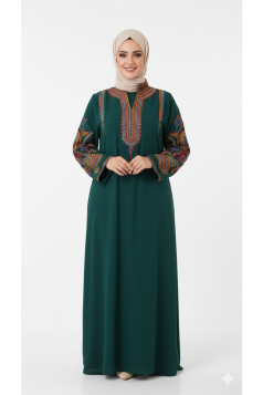 عباية اسيا المزينة بتطريز عل الصدر والأكمام لون (زمرد)