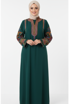 عباية اسيا المزينة بتطريز عل الصدر والأكمام لون (زمرد)