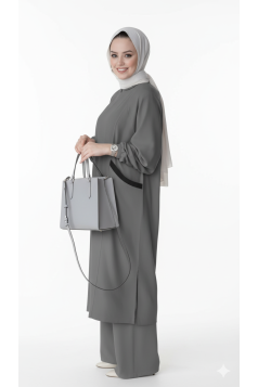 طقم زهراء تونيك بجيوب وبنطلون (رمادي) 1518