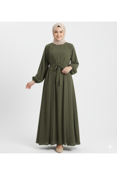 طقم بتول فستان ومشلح خارجي (زيتي) 4095