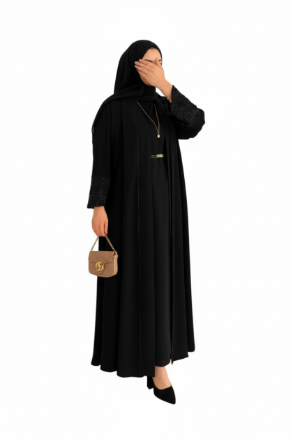 طقم عباية مسك رسمي مميز بسترس (اسود اسود)  .صيفي 