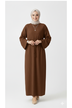 فستان سماح مزين بربطة على الخصر (بني)