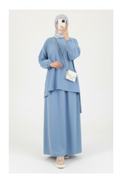 طقم حنان تونيك بأكمام مزمومة وتنورة (أزرق فاتح) 6001