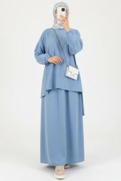 طقم حنان تونيك بأكمام مزمومة وتنورة (أزرق فاتح) 6001