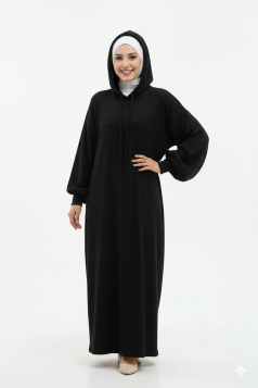 فستان محزز بكابيشون وأكمام مزمومة (اسود) 104