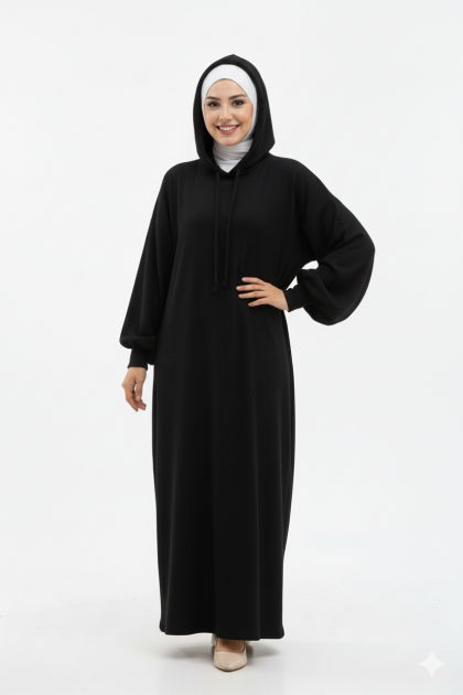 فستان محزز بكابيشون وأكمام مزمومة (اسود) 104