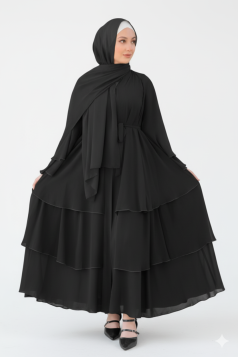 فستان ريما بطبقات وأكمام مكشكشة (أسود) 1541