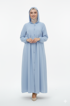 عباية بقبعة وأزرار وأكمام مزمومة (أزرق سماوي) 1003