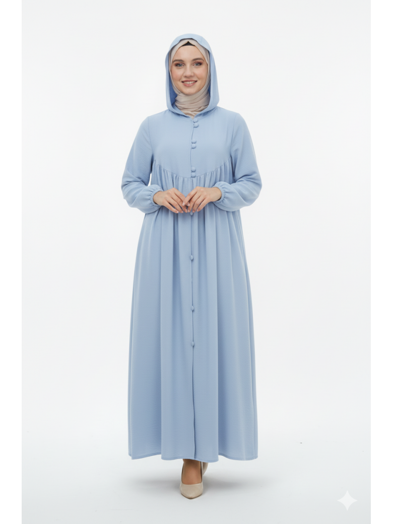 عباية بقبعة وأزرار وأكمام مزمومة (أزرق سماوي) 1003