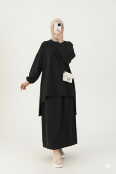 طقم حنان تونيك بأكمام مزمومة وتنورة (اسود) 6001